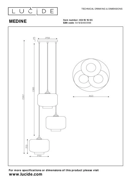 Lucide MEDINE - Lámpara colgante - Ø 46 cm - 3xE27 - Ahumado - técnico